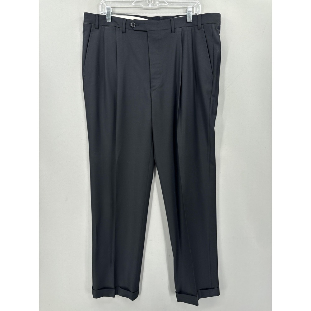 Canali Dress Pants Mens 38x32 Black Wool Pleated Cuffed Trousers Made Italy